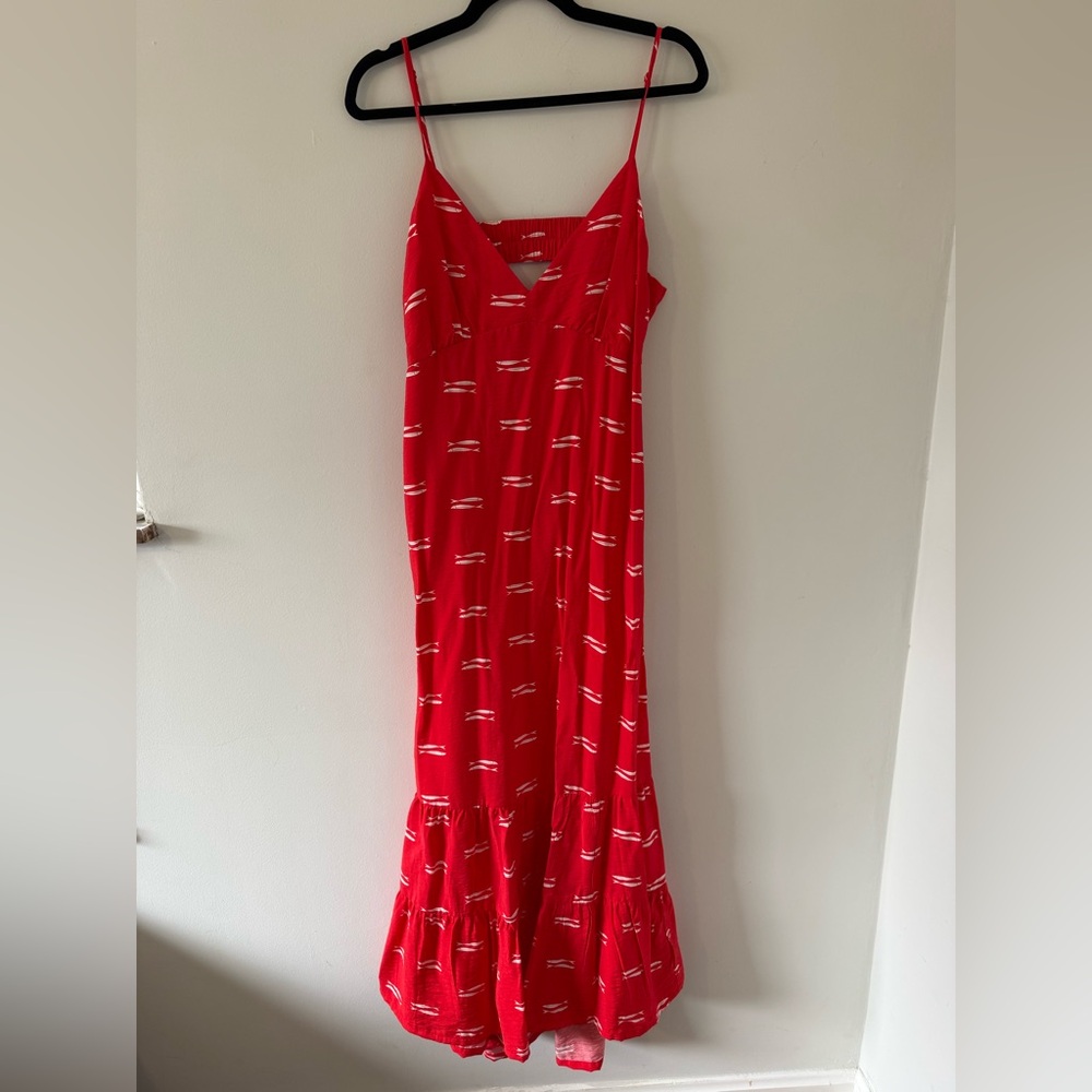 Red Spaghetti-Strap Maxi Dress with Subtle Fish Print